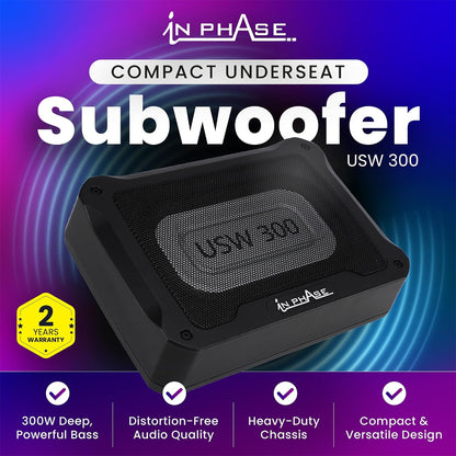 In Phase USW300 300W Underseat Compact Active Subwoofer, Die-Cast Aluminium